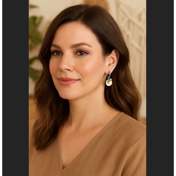 J. Jill Jewelry - J. Jill Mixed Metal Beaded Stud Earrings Hammered Disc Neutral Wood Earthy Boho